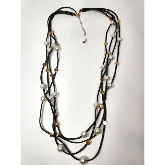 Layered Faux Pearl & Brass Disc Necklace 36” Gray Suede Cord Boho Chic Statement - Picture 6 of 6
